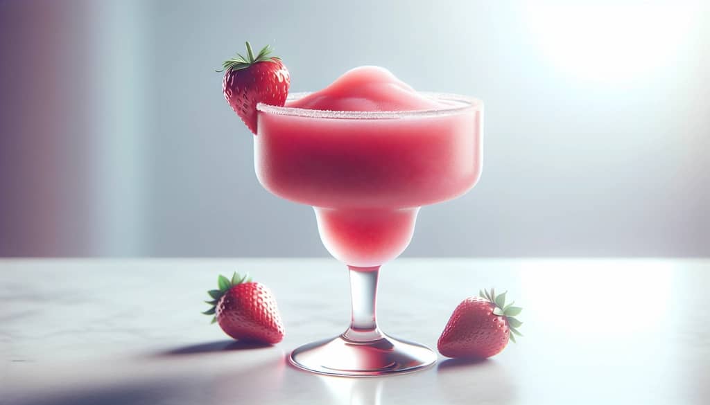 frozen strawberry margarita with fresh strawberry garnish
