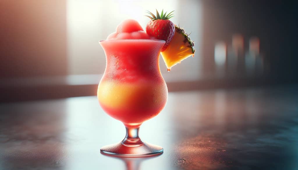 Frozen strawberry pineapple daiquiri in a hurricane glass with bright garnish
