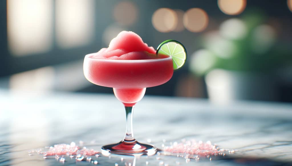 Margarita de sandía congelada en una copa coupe con una rodaja de lima