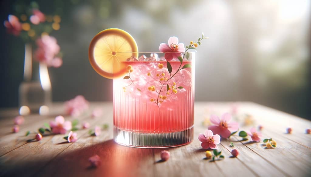 garnished pink lemonade whiskey sour in a tall glass