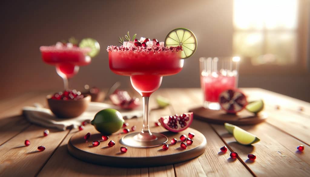 garnished margarita with lime wheel and pomegranate seeds