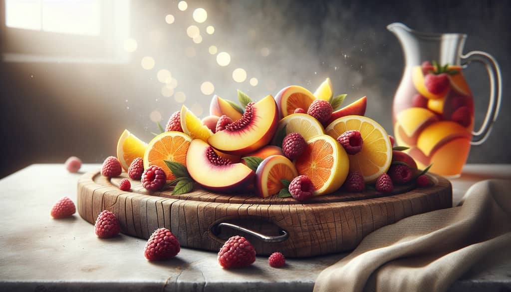 Sliced peaches, berries, oranges mixed for sangria