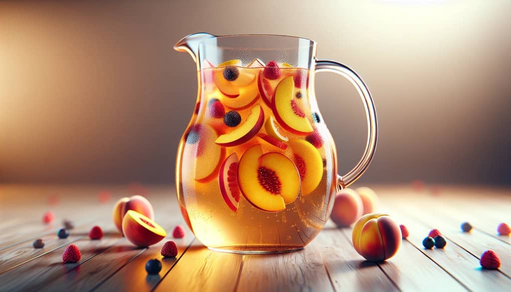 Pitcher of Georgia peach sangria with fresh fruit
