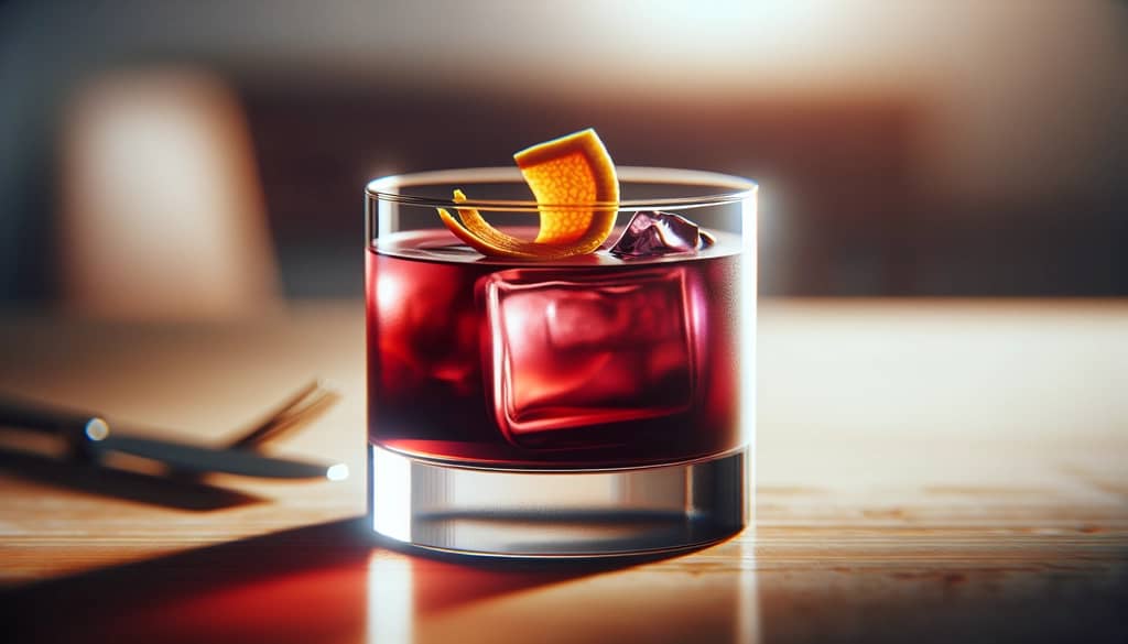 gin cocktail with beet juice in a rocks glass with orange peel