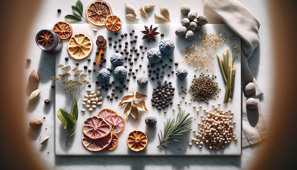 collection of gin botanicals for distillation