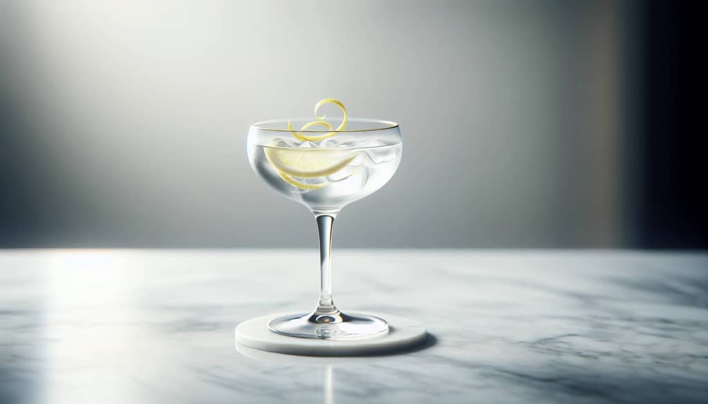 bicchiere da cocktail con cocktail di ginevra chiara e scorza di limone