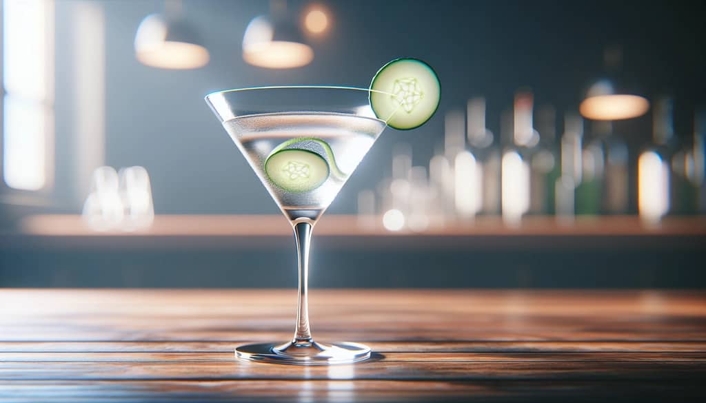 martini glass with cucumber garnish on wood