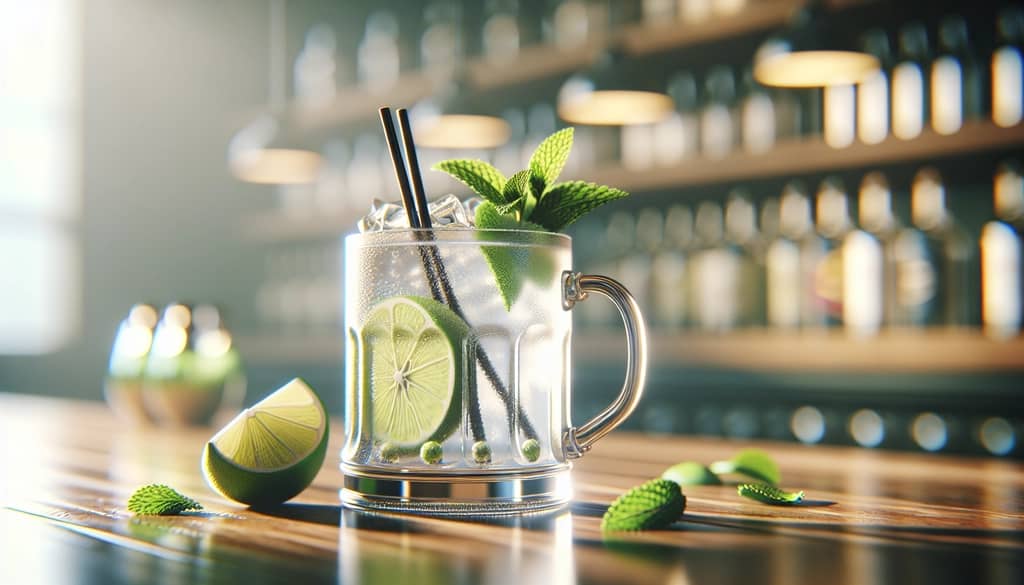 gin gin mule cocktail in transparent mug with lime and mint
