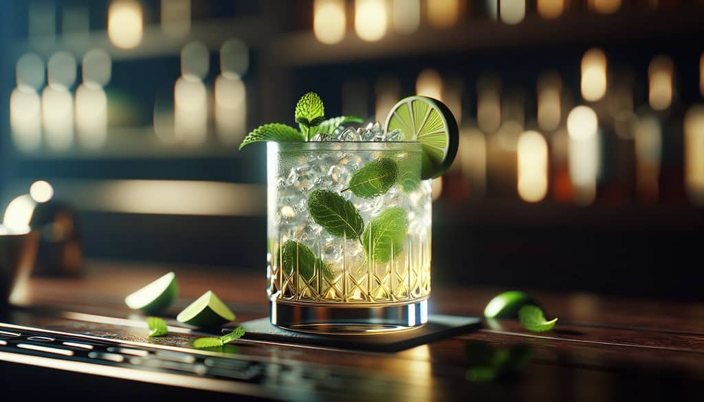 Cóctel Gin Gin Mule en vaso bajo con menta y lima