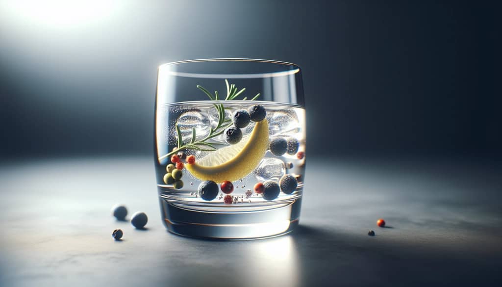 vaso de ginebra con bayas de enebro y botánicos