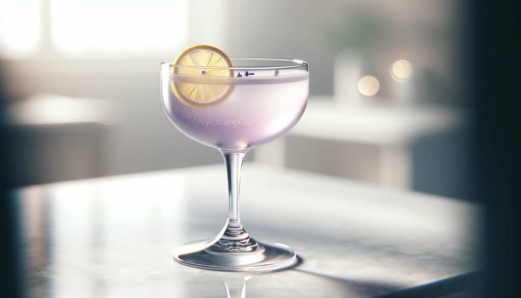 cocktail au gin et sirop de lavande dans un verre coupe avec un zeste de citron