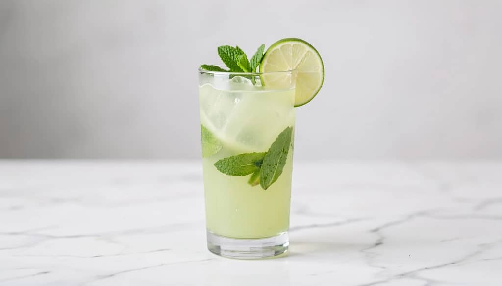Gin mule in a highball glass with mint and lime garnish
