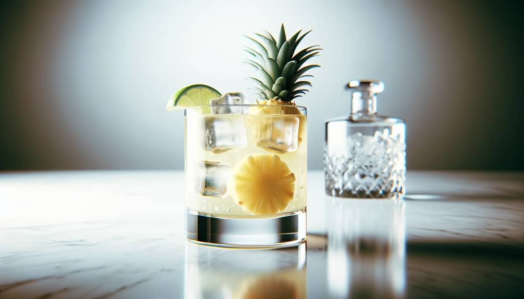 Gin and pineapple highball with ice and lime twist
