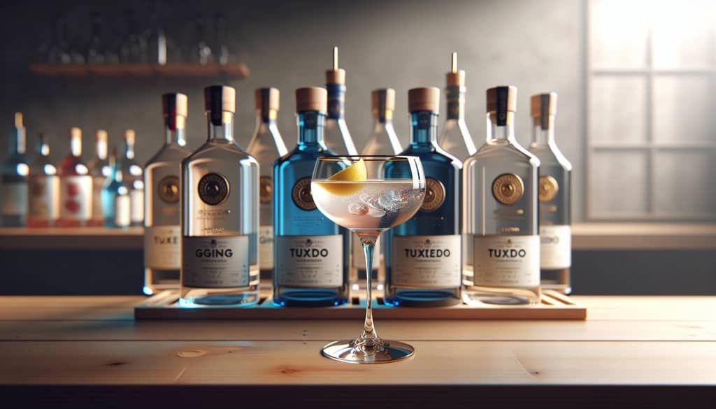 разные бутылки джина и бокал tuxedo на деревянной барной стойке