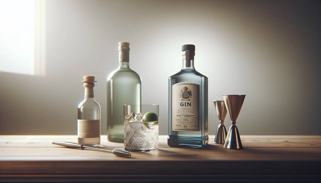 martini ingredients gin vermouth next to mixing glass