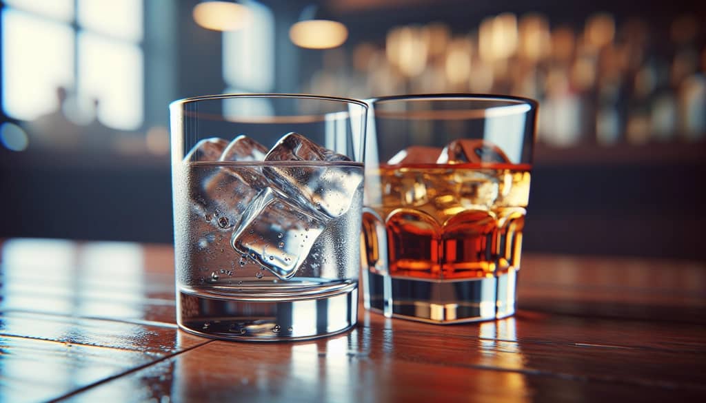 side by side glass of gin and glass of whiskey on counter
