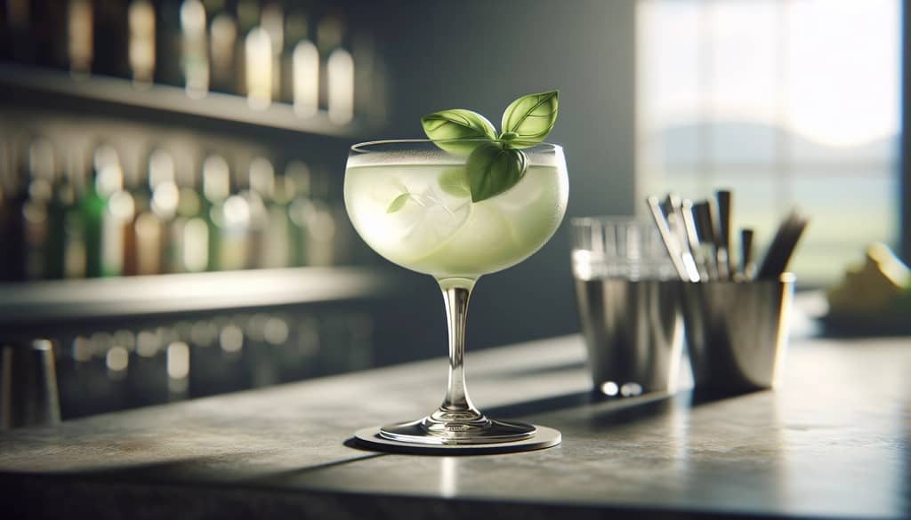 ginger gimlet with basil garnish on stone bar surface