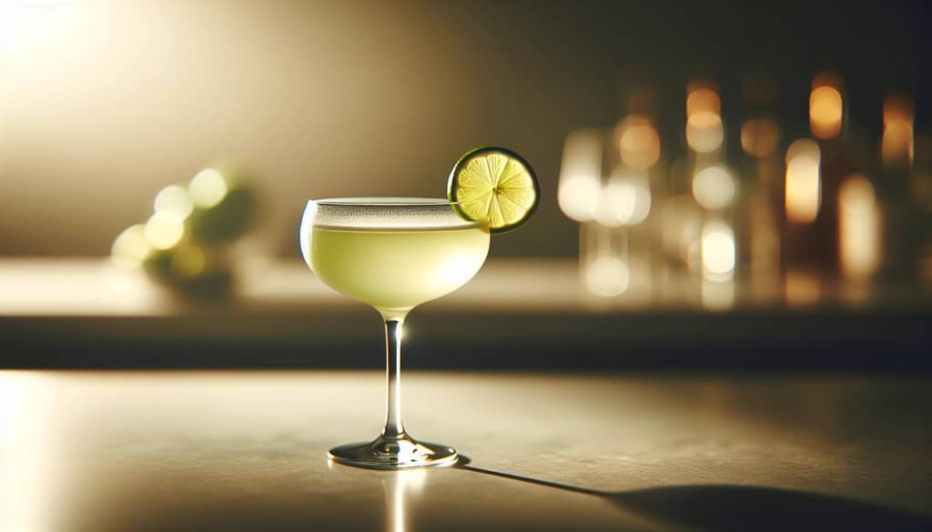 gimlet de ginebra y jengibre con rueda de lima en copa coupe