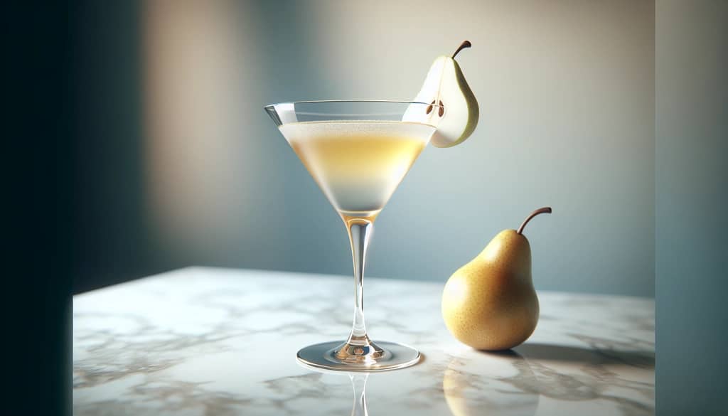 verre à martini poire-gingembre avec tranche de poire