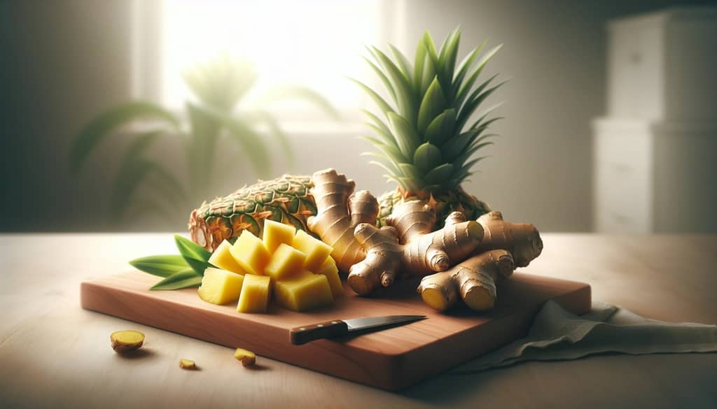 fresh ginger root and pineapple chunks on cutting board