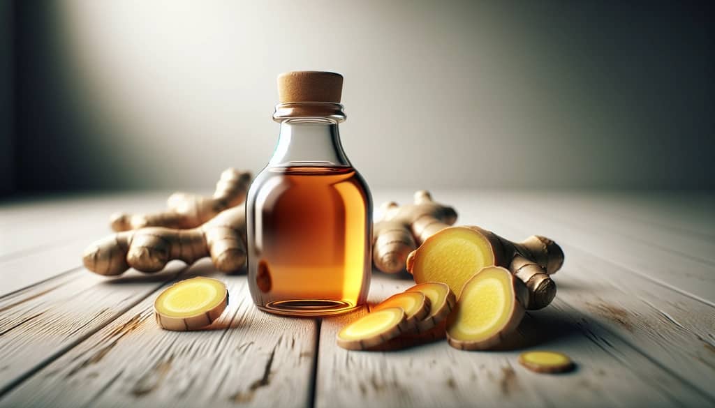 ginger syrup in glass bottle with sliced ginger