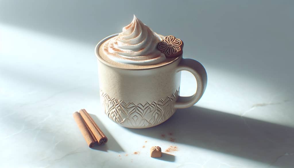 gingerbread latte in a mug topped with whipped cream and cinnamon