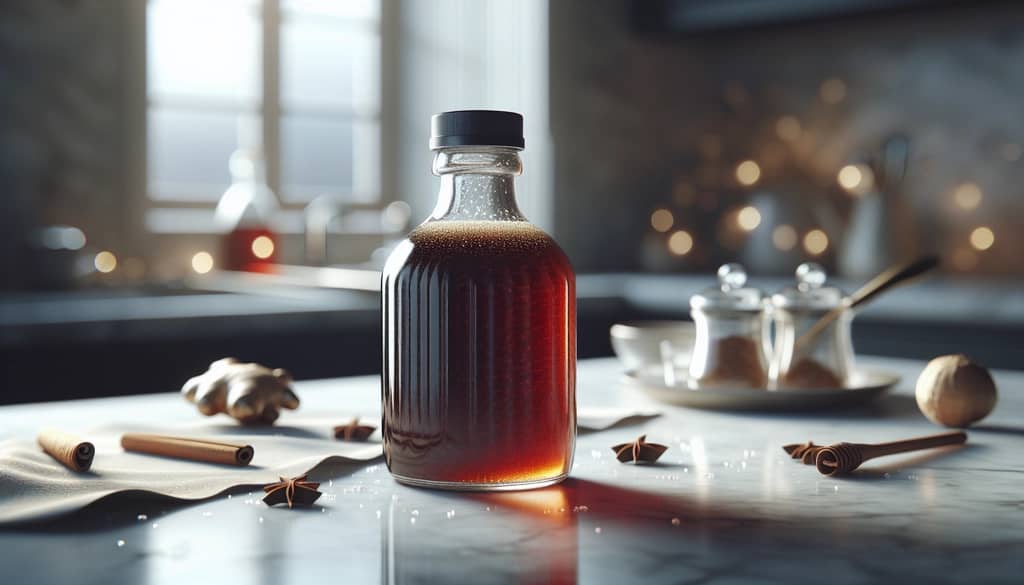 homemade gingerbread syrup in glass bottle