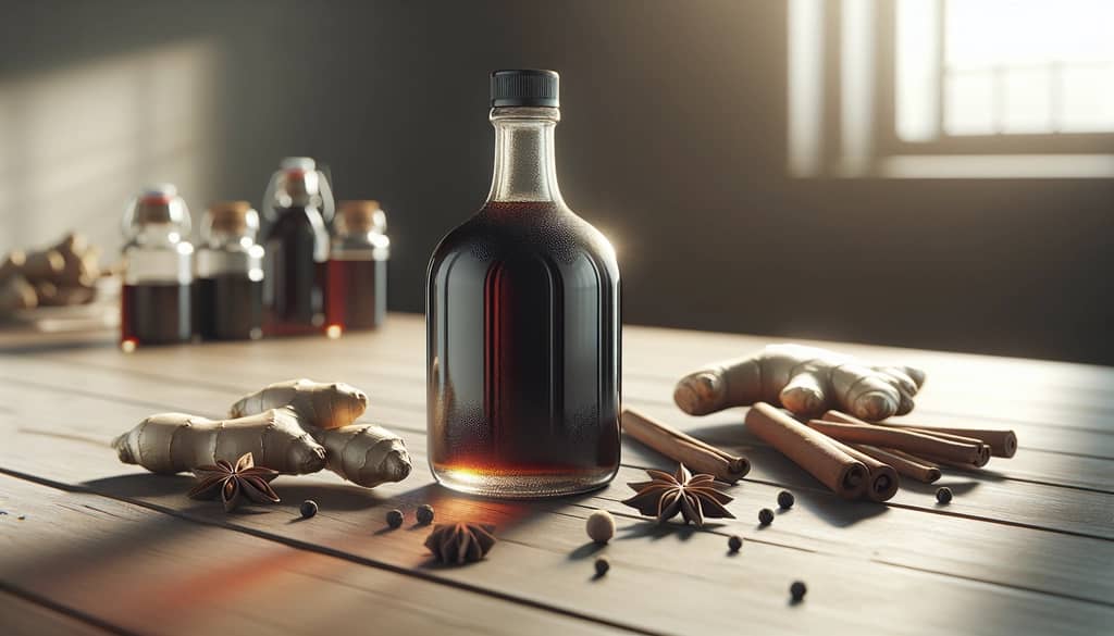 sirop de pain d'épices en bouteille en verre avec des épices