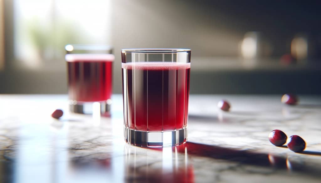 glass of cranberry juice on marble countertop