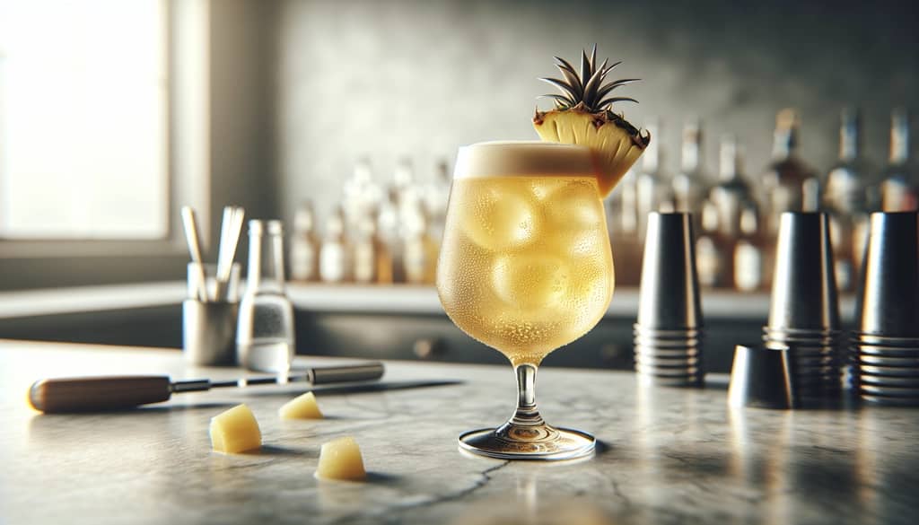 glass of ginger beer with pineapple wedge and ice