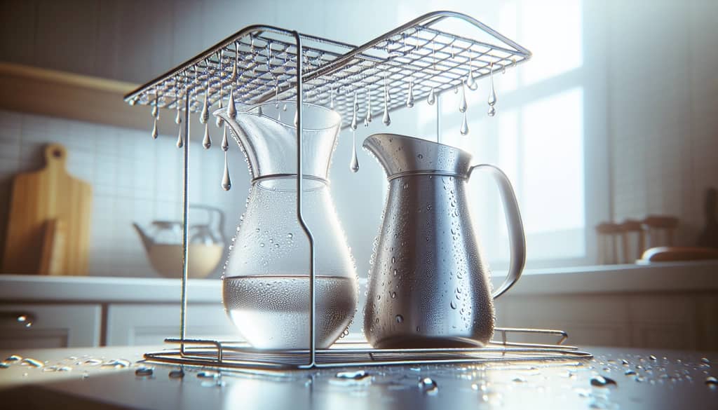clean glass and stainless steel pitchers drying on rack