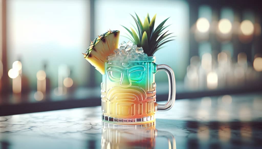 glass tiki mug with tropical cocktail