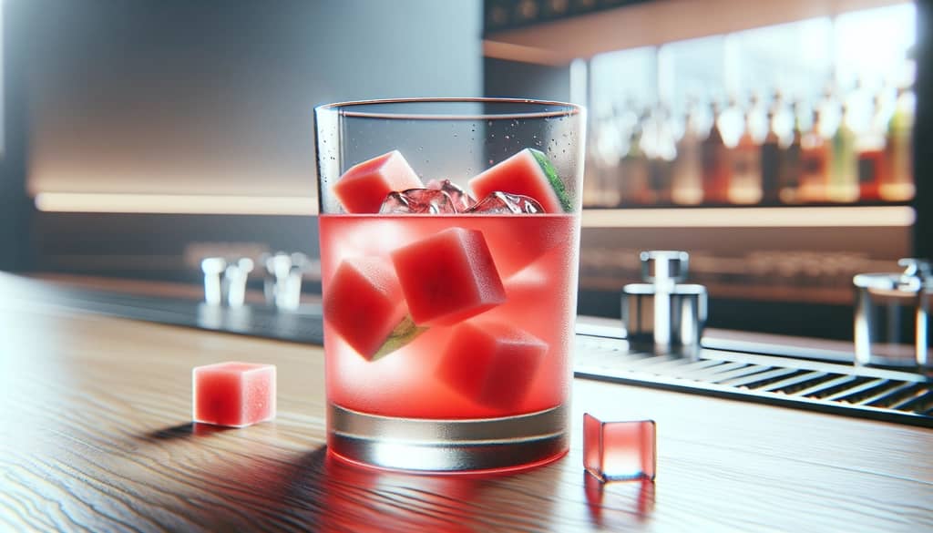 glass of watermelon juice with ice cubes