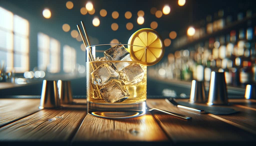 gold rush cocktail in rocks glass with lemon peel
