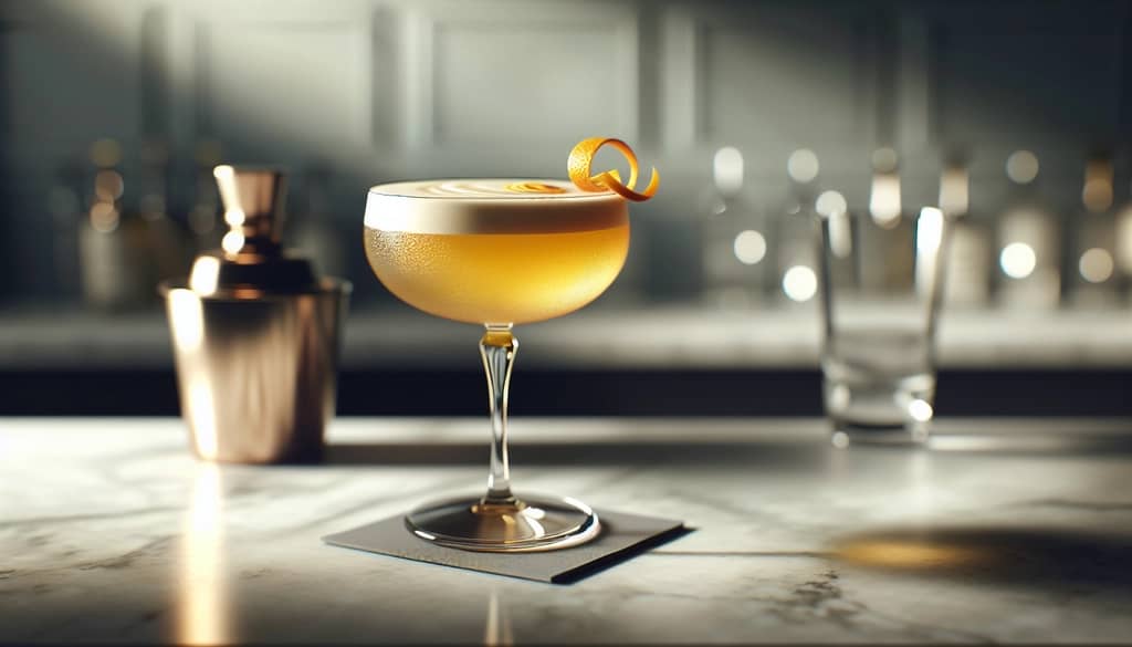 cocktail giấc mơ vàng trong ly coupe với vỏ cam