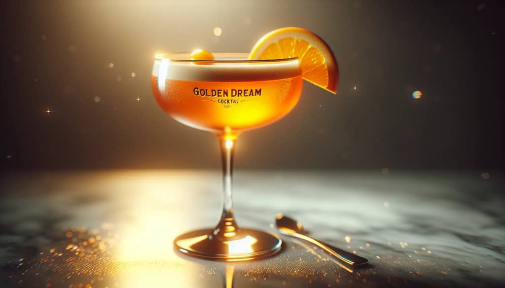 cocktail giấc mơ vàng trong ly coupe, màu cam, trang trí bằng lát cam