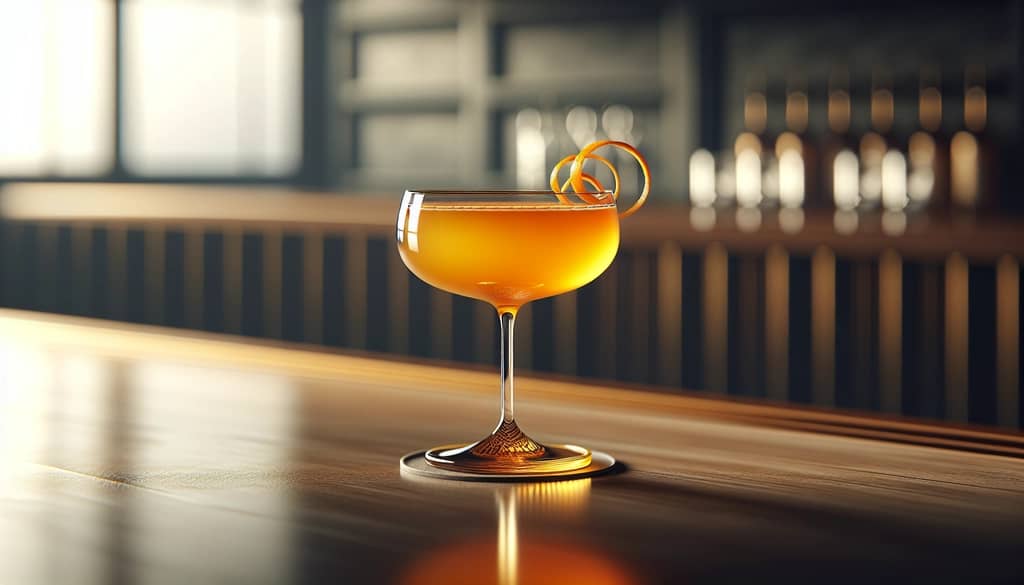 modern golden dream cocktail with orange twist garnish