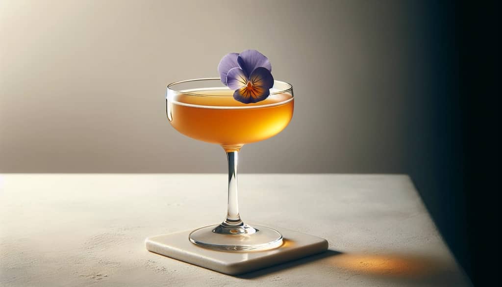 golden dream cocktail with edible flower garnish