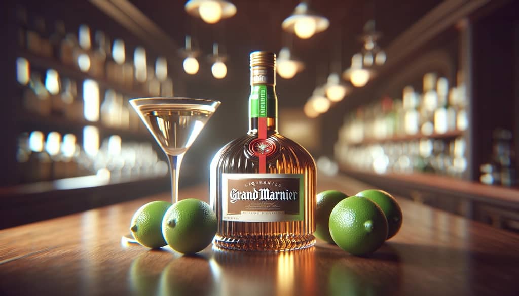 closeup of grand marnier bottle and fresh limes beside a martini glass