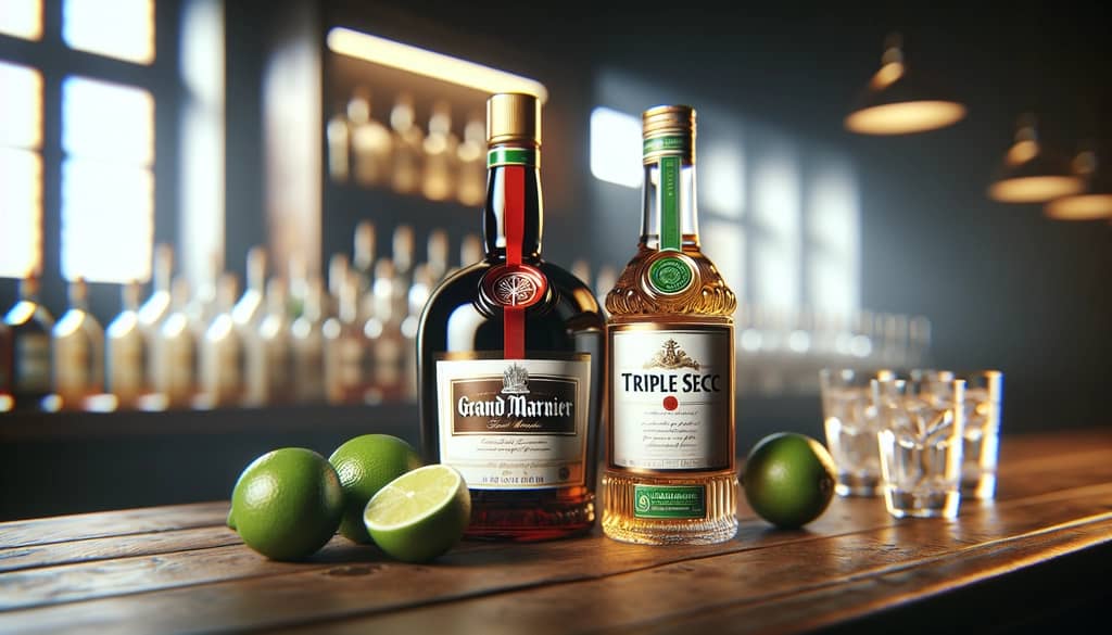 Grand Marnier and Triple Sec bottles with limes