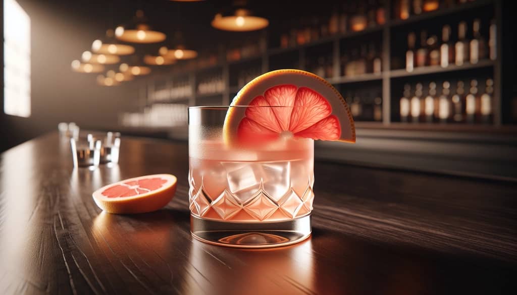 grapefruit cocktail with peel garnish on wood bar