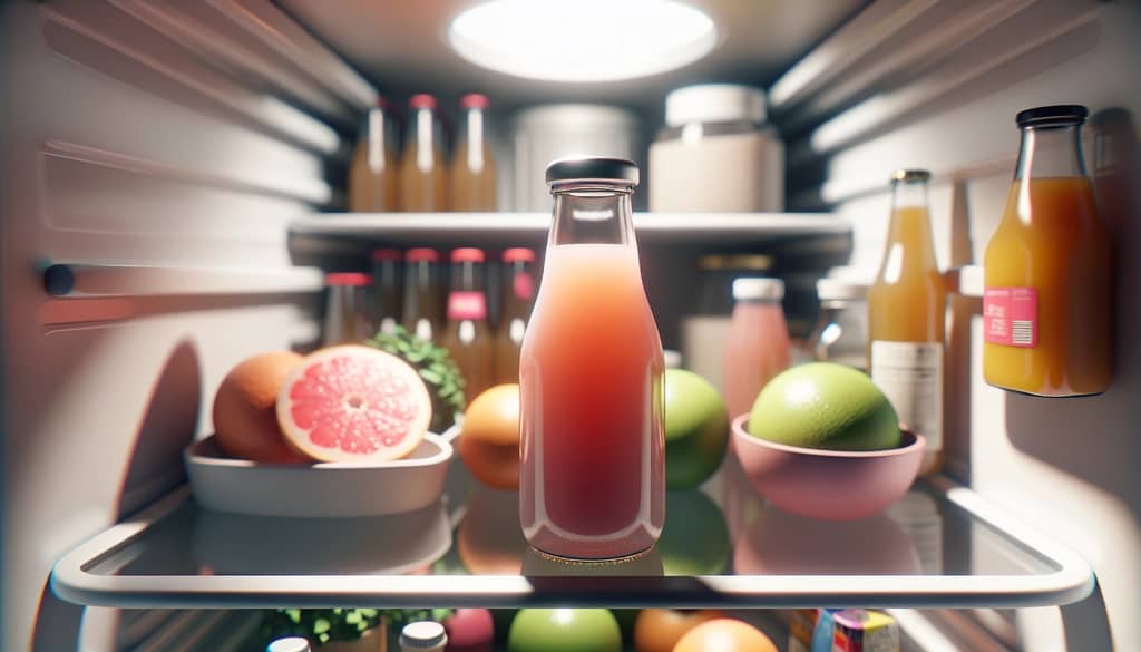 fresh grapefruit juice in a small glass bottle in a fridge