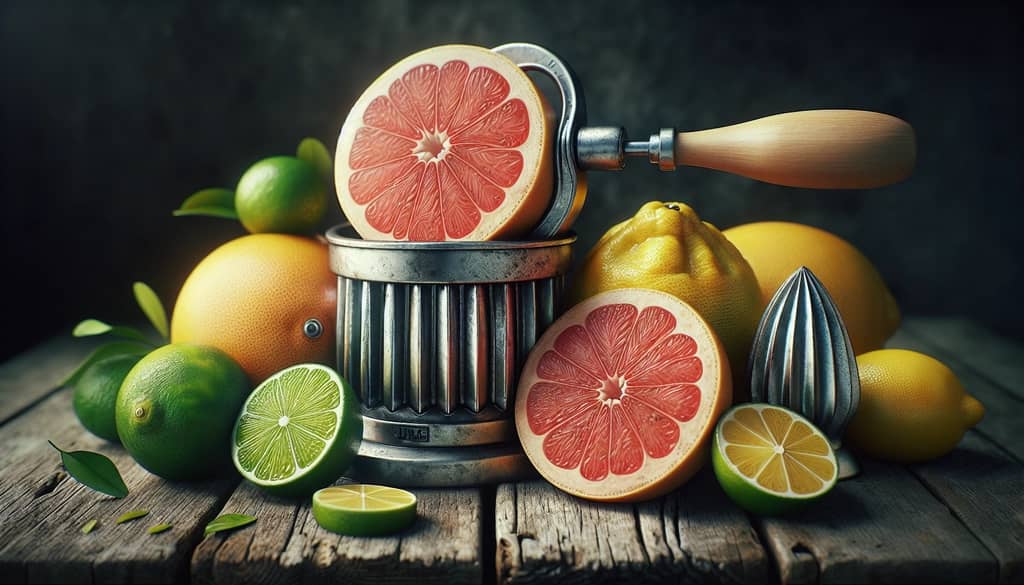 grapefruit and citrus fruits with juicer on wooden surface