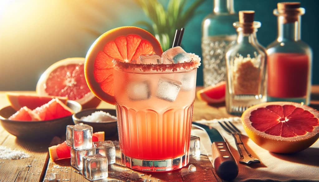 Classic grapefruit soda tequila cocktail with salt rim and fresh grapefruit wedge