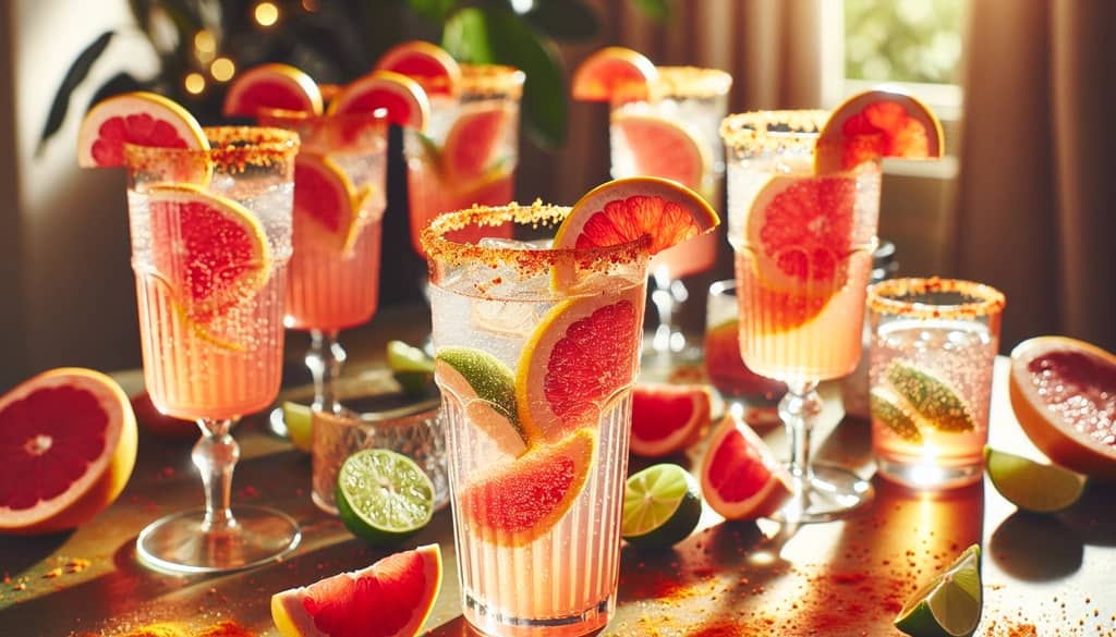 Grapefruit soda tequila cocktails with salted rims and colorful garnishes