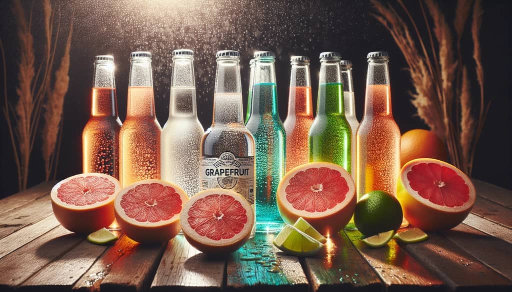 Assorted grapefruit sodas with tequila bottle on rustic table