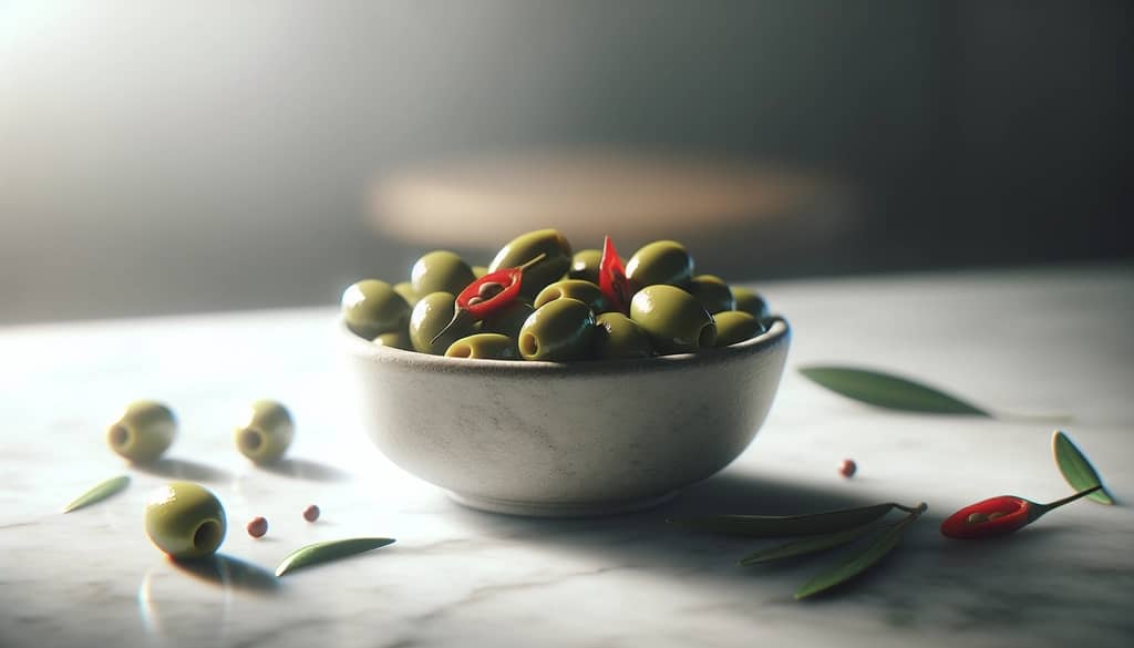 Bowl of firm green olives for cocktail garnish