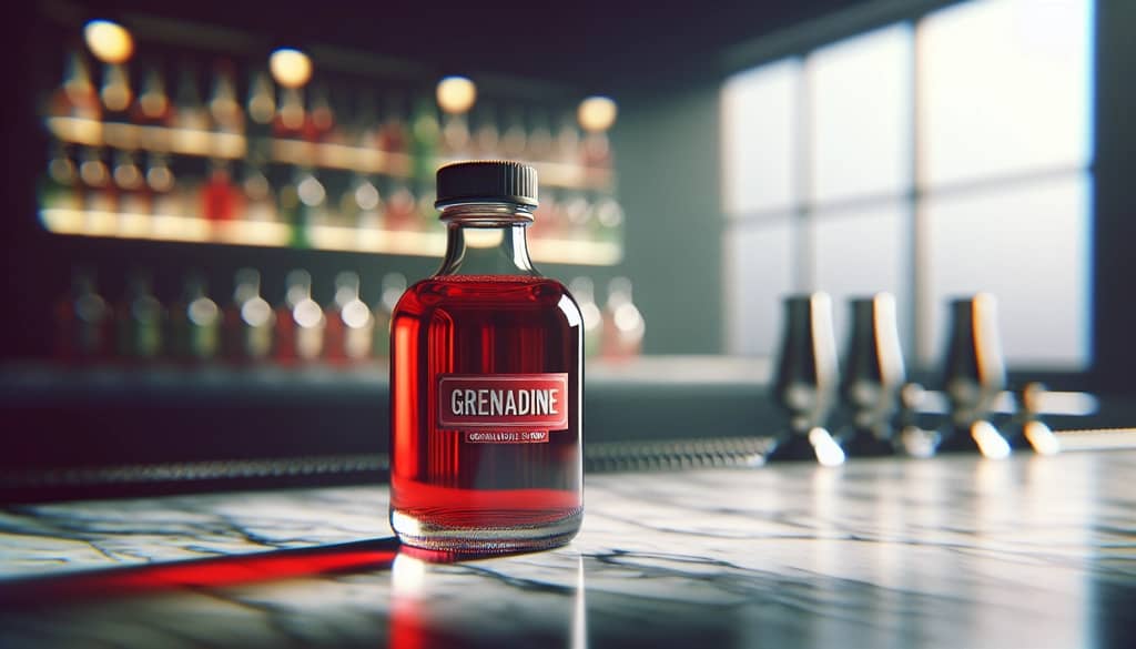grenadine syrup in a glass bottle on a marble bar