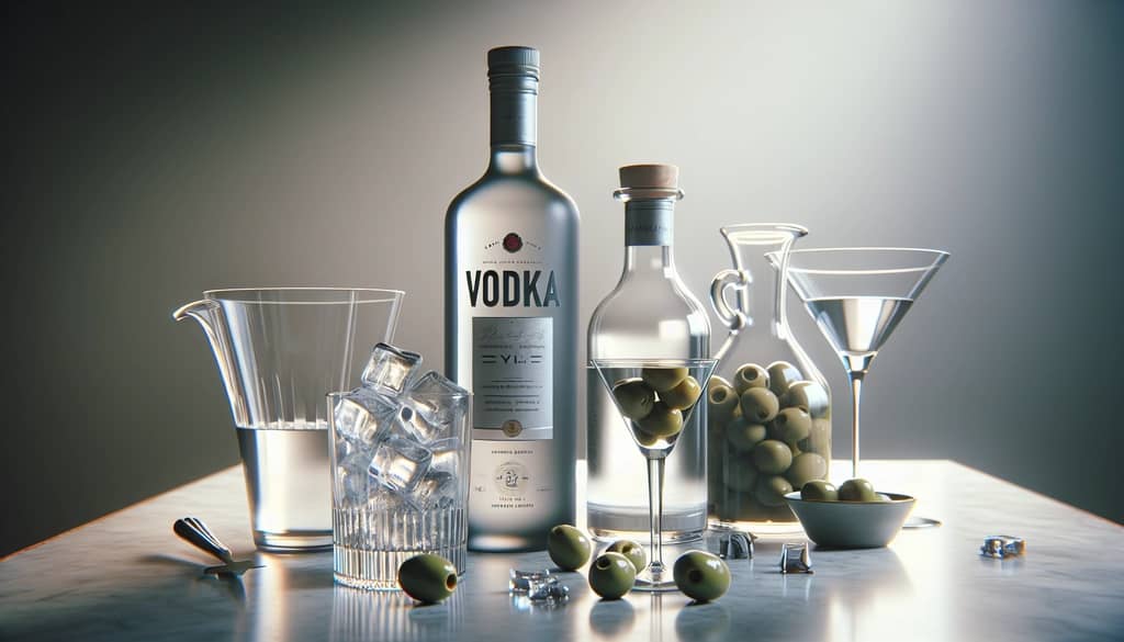 Grey Goose dirty martini ingredients ice vermouth olive brine glass