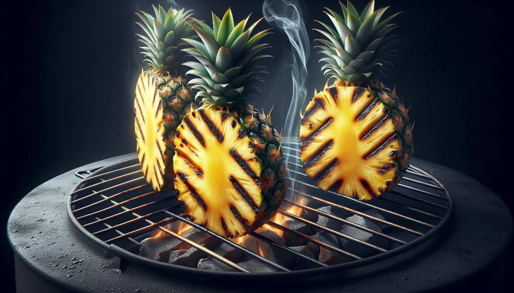 grilled pineapple pieces on grill with caramelized marks